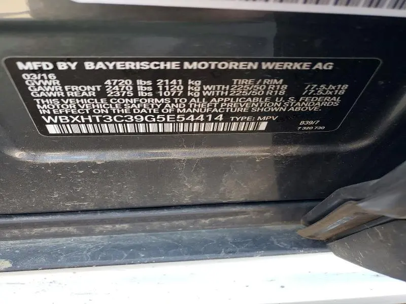 BMW X1 2016 VIN WBXHT3C39G5E54414
