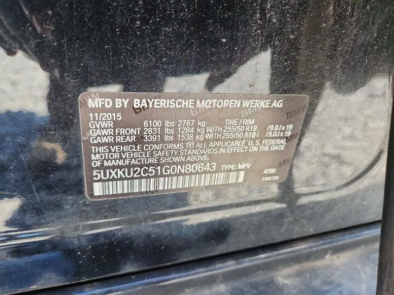 BMW X6 2016 VIN 5UXKU2C51G0N80643