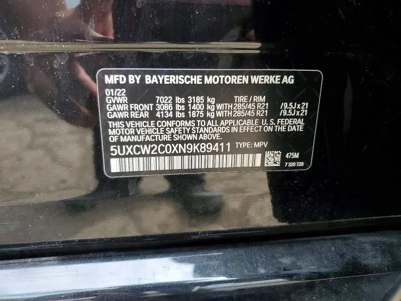BMW X7 2022 VIN 5UXCW2C0XN9K89411