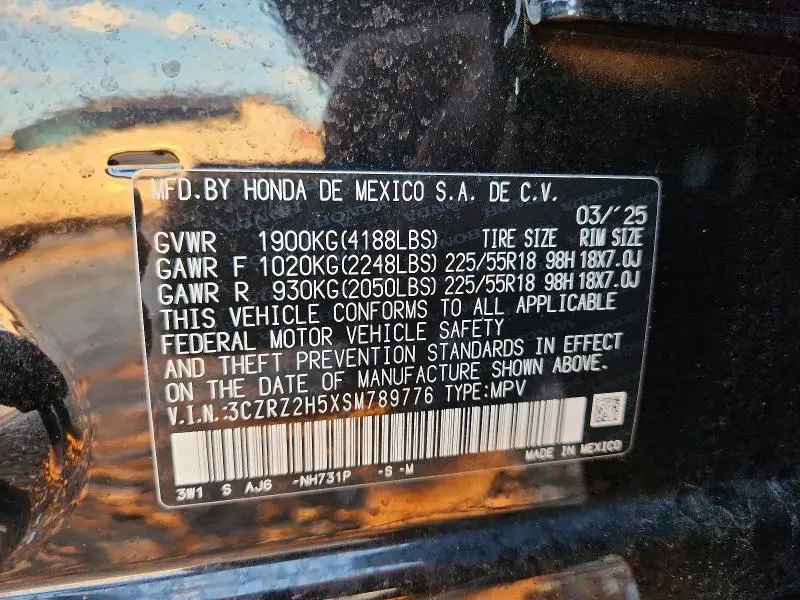 HONDA HR-V 2025 VIN 3CZRZ2H5XSM789776