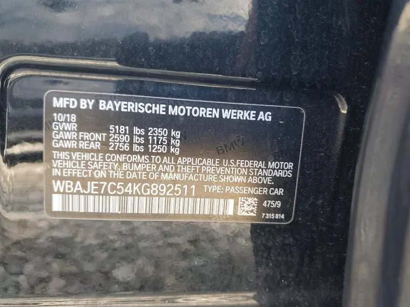 BMW 5 SERIES 2019 VIN WBAJE7C54KG892511