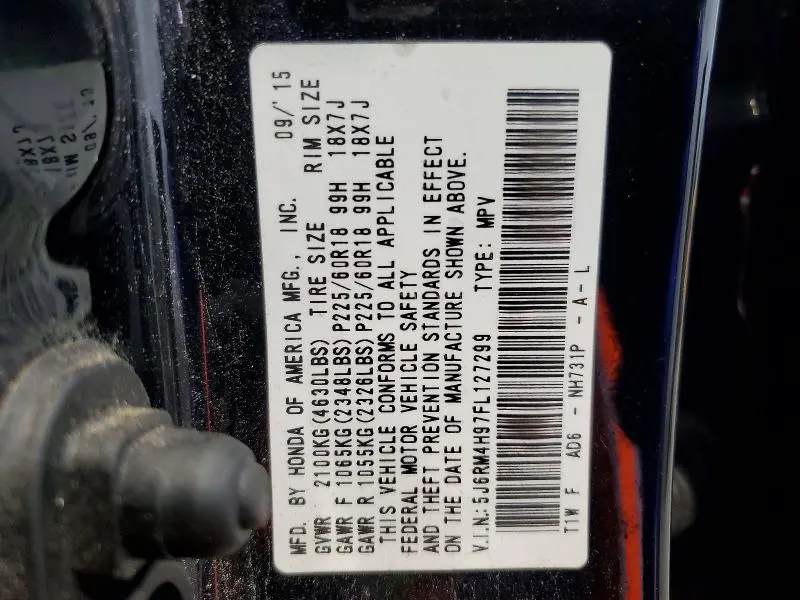 HONDA CRV 2015 VIN 5J6RM4H97FL127299