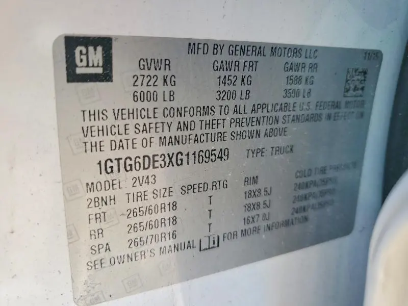 GMC CANYON 2016 VIN 1GTG6DE3XG1169549
