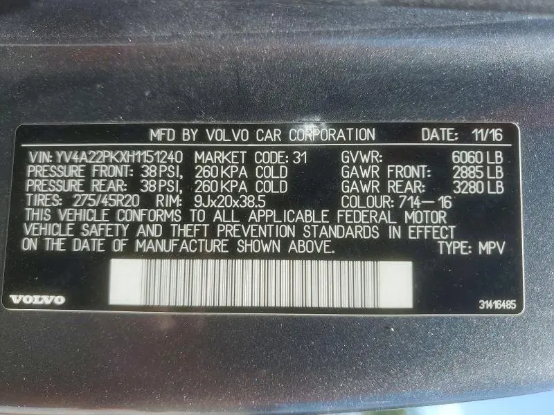 VOLVO XC90 2017 VIN YV4A22PKXH1151240