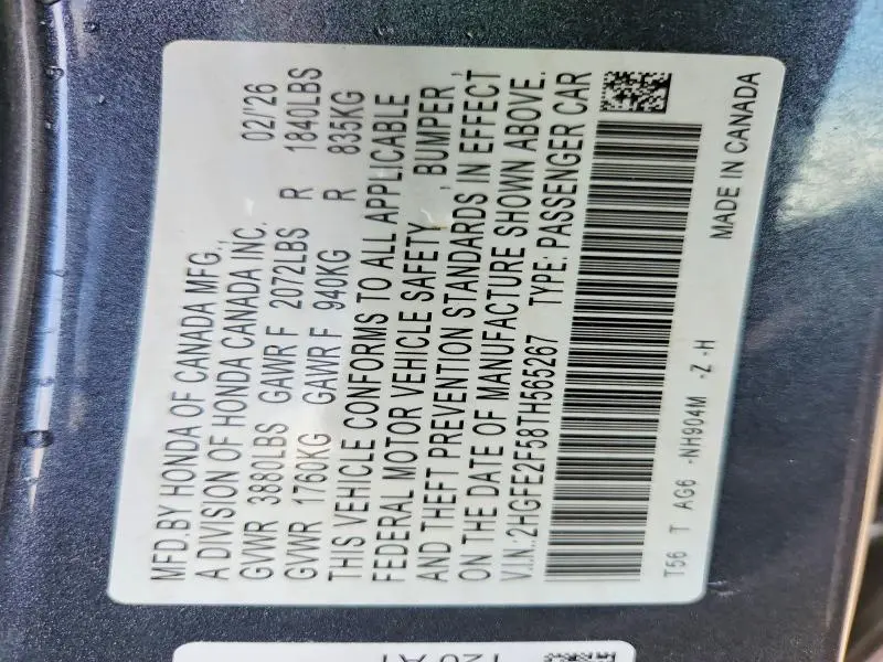 HONDA CIVIC 2026 VIN 2HGFE2F58TH565267