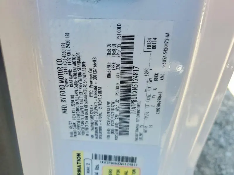 FORD MUSTANG 2022 VIN 1FATP8UHXN5124817