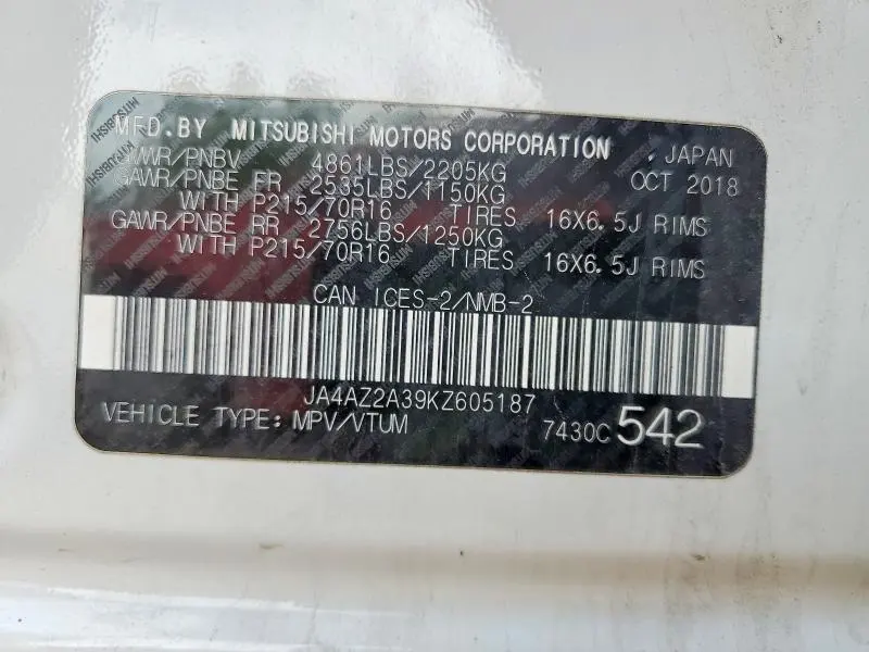 MITSUBISHI OUTLANDER 2019 VIN JA4AZ2A39KZ605187