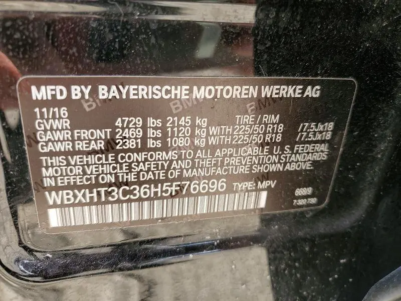 BMW X1 2017 VIN WBXHT3C36H5F76696