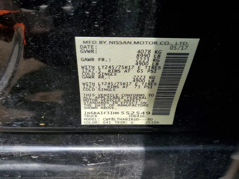 NISSAN TITAN 2017 VIN 1N6BA1F31HN552549