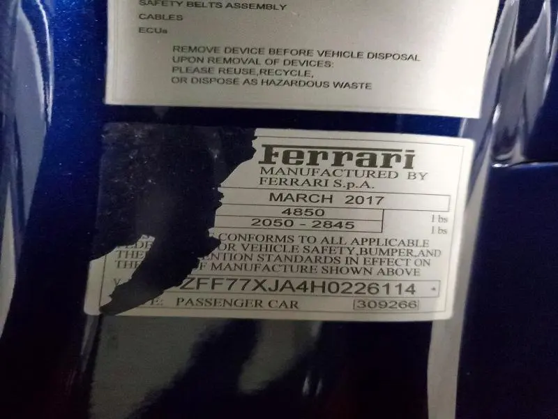 FERRARI ALL MODELS 2017 VIN ZFF77XJA4H0226114