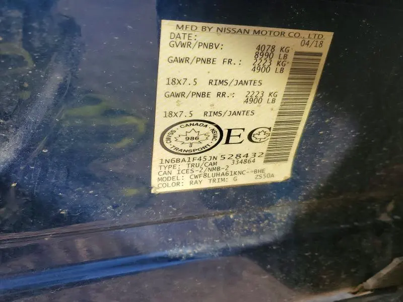 NISSAN TITAN 2018 VIN 1N6BA1F45JN528432